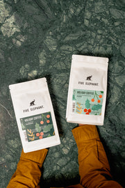 Five Elephant holiday coffee bundle featuring seasonal single-origin coffees in festive packaging.